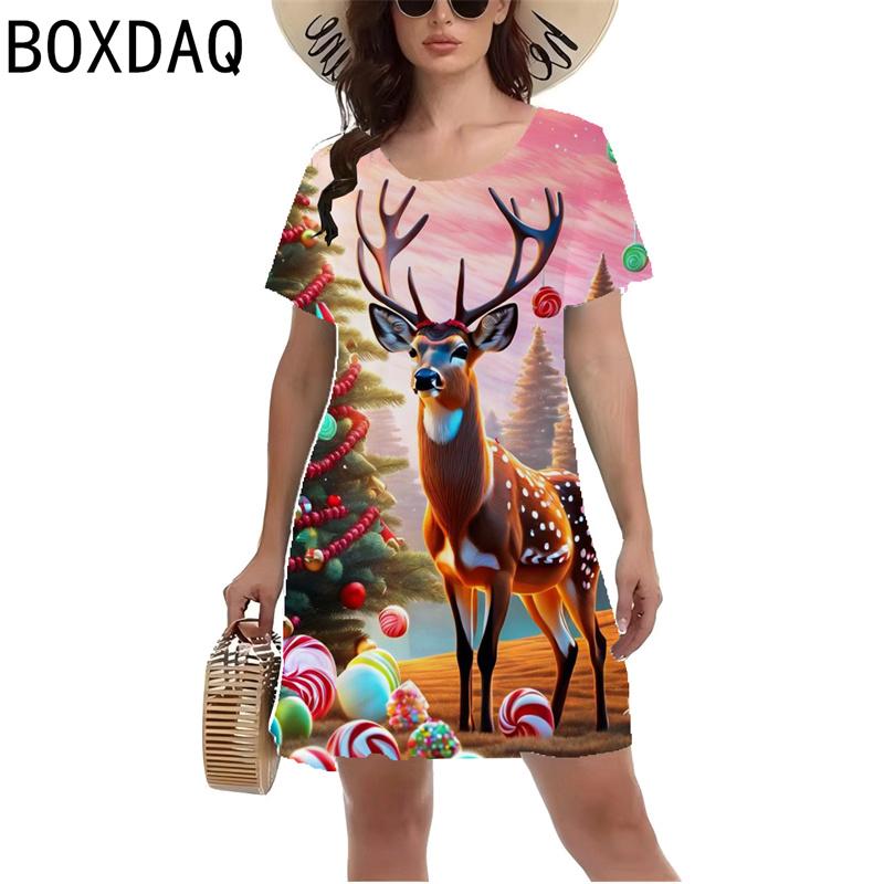 Lady s new Christmas-themed 3D printed deer pattern short-sleeved summer dress, short-sleeved round-neck casual style dress S