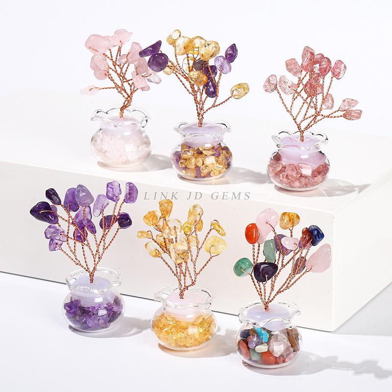 Jingde Jewelry Natural Crystal Money Tree Citrine Rose Quartz Ornament