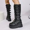 Modne gotyckie czarne buty bojowe na platformie damskie styl punk metalowa klamra motocyklowe buty damskie gruba podeszwa skóra PU buty do kolana