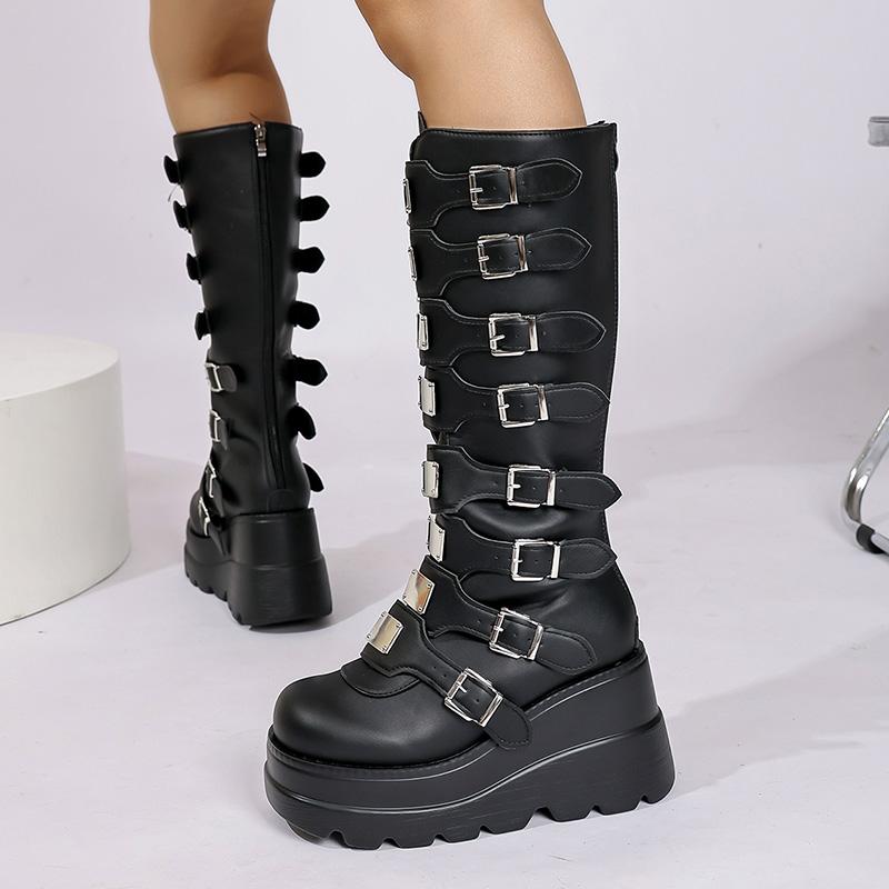 Fashion Gothic Black Platform Combat Boots Women Punk Style Metal Buckle Motorcycle Boots Woman Thick Bottom PU Leather Knee High Boots