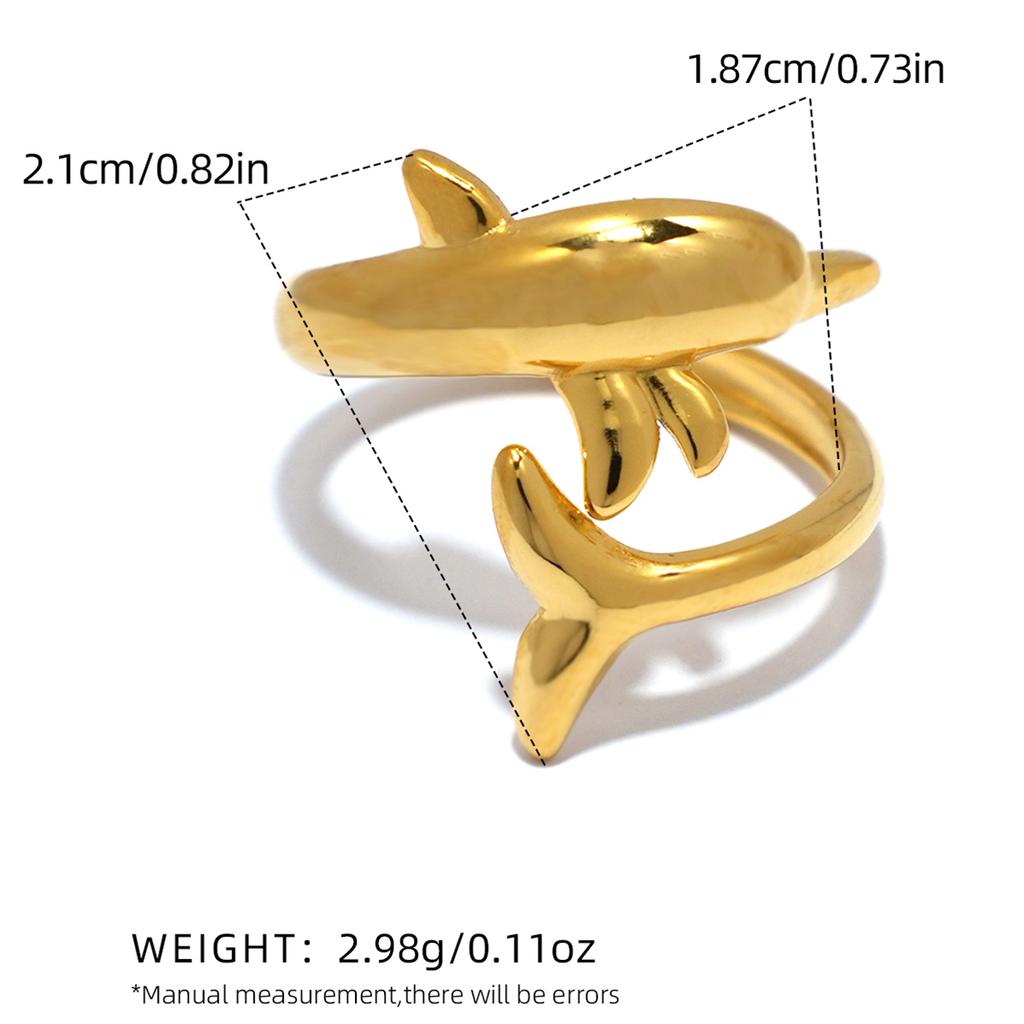 Exquisite Dolphin Design Stainless Steel Ring 18K Gold Plated Waterproof High Quality Ladies Zircon For Daily Wear Vacation Etc