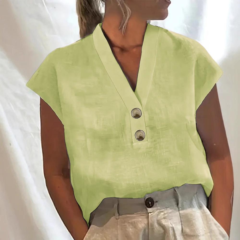 QICED Women's Fashion Casual Solid Color Print Short Sleeve V Neck Blouses & Shirts