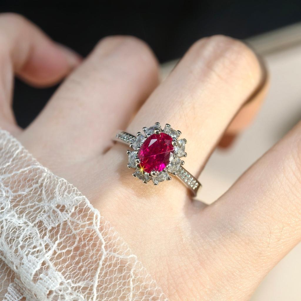 Niche Light Luxury Red Corundum Fluorescent Lamp Color-changing Davis Style Pendant Necklace Women's Open Ring Stud Earrings Three-piece Set 2026
