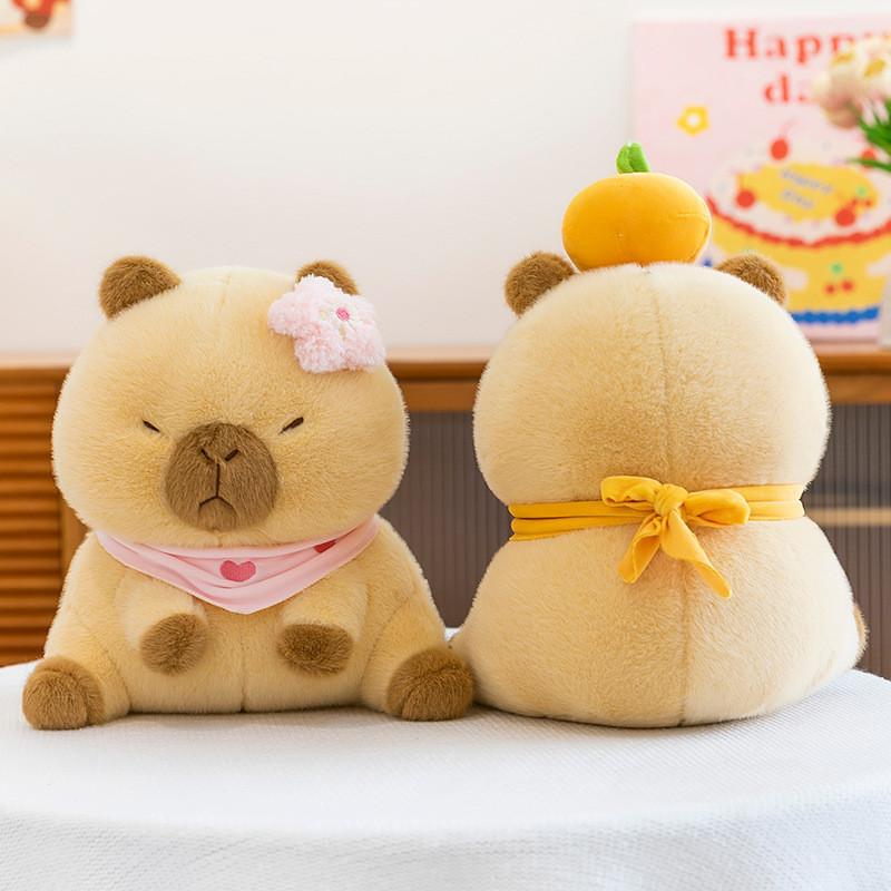 Cute Cherry Blossom Orange Capybara With Scarf Cartoon Animal Doll Plush