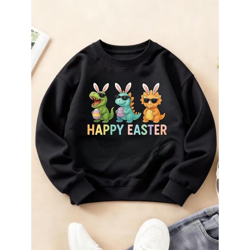 Kids Crewneck Sweatshirt, Fun Easter Print with Dinosaur & Rabbit Long Sleeve Top for Autumn Winter