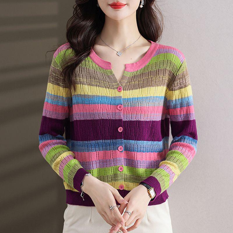 Fashion Women Clothing Colorful Striped Cardigan Sweater Spring Autumn New Korean Versatile Casual Long Sleeve Knitted Coats