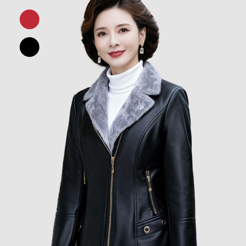 Winter Women's Fleece Leather Jacket Thick Warm PU Leather Jacket Slim Turn Down Collar Flocked Plus Size Leather Coat