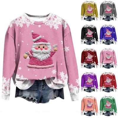 Damenmode, weihnachtlich bedruckt, langärmelig, lockerer Rundhalsausschnitt, Sweatshirt-Oberteil