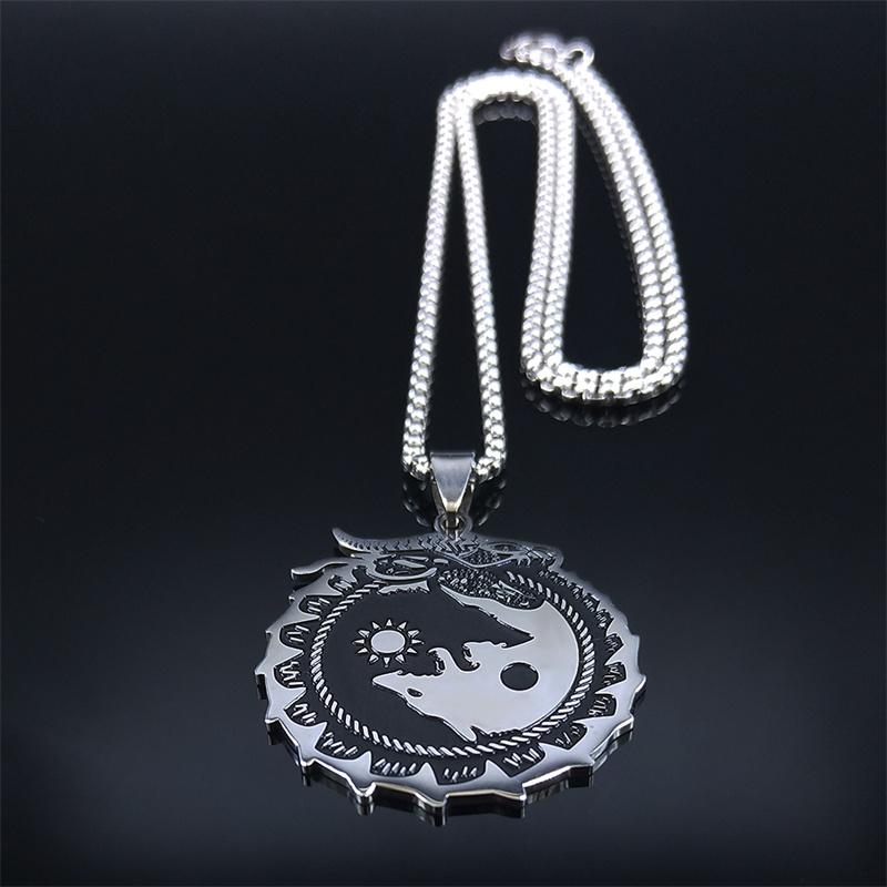 Yin Yang Gossip Wolf Sun Moon Stainless Steel Dragon Pendant Necklace Silver Color Statement Necklace Jewelry Collar N3694S02