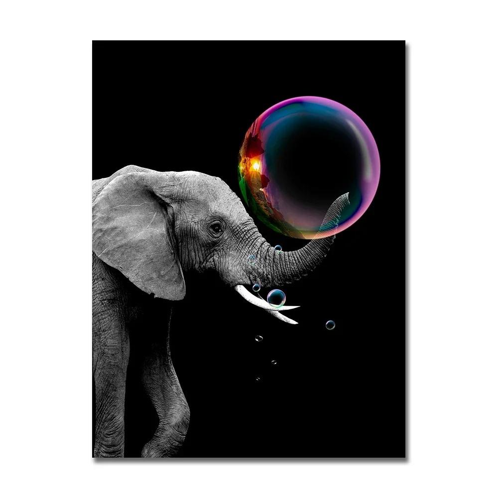Black Cat with Colorful Bubbles Poster Cute Animal Giraffe Elephant Lion Posters and Prints Wall Arts Canvas Painting Home Decor