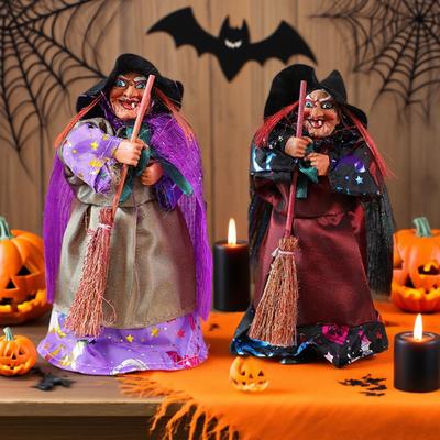 Halloween Witch Doll Standing Witch Figure Holding Broomstick Desktop Spooky Witch Figurine for Halloween Party Mantel Dining Table Decor