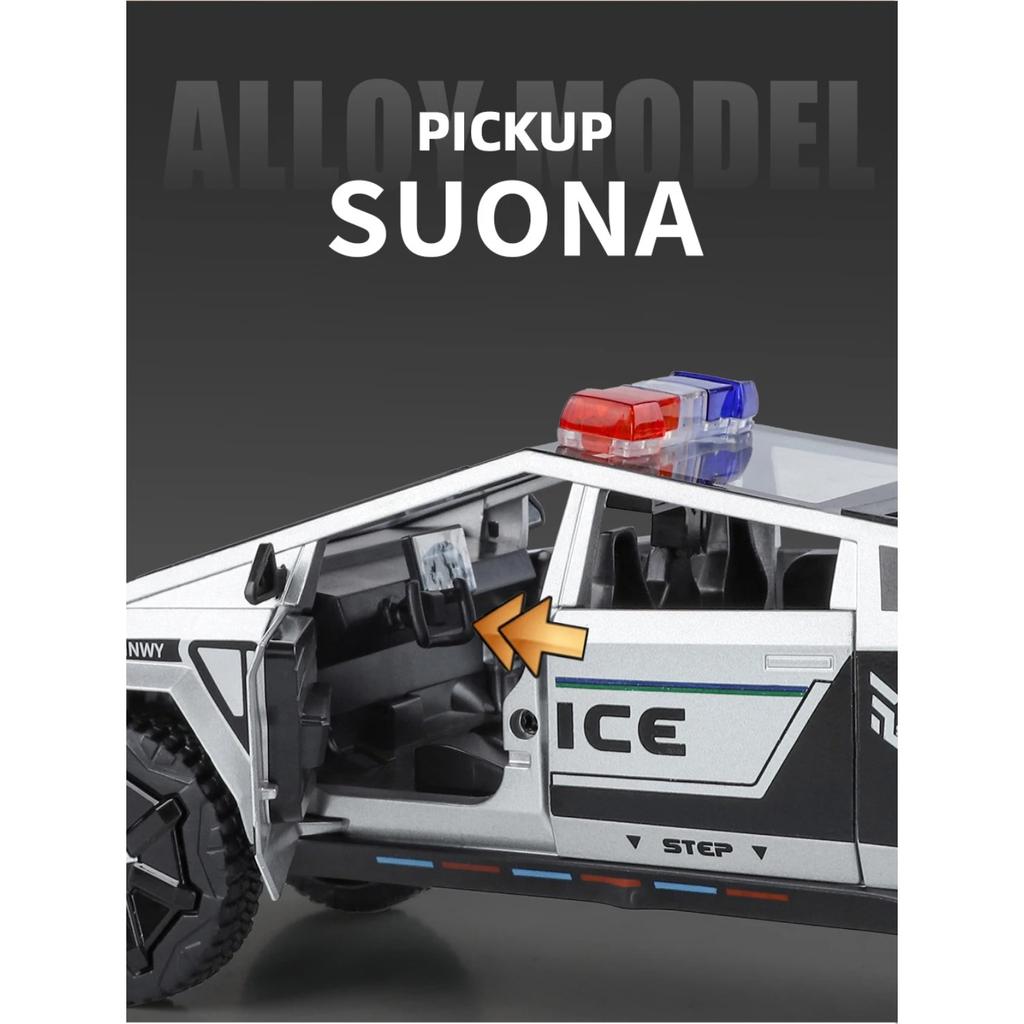 1/24 Tesla Police Cybertruck Off Road Alloy Metal Diecast Model Car Outdoor Collections Classic Trendy Toy Decorations Valentine Kids