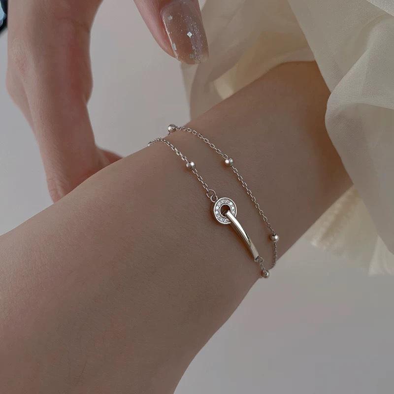 

S925 Sterling Silver Double Layer Stackable Bracelet with Full Diamond Beaded Chain and Round Ring Design 925 Silver платиновий