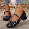 Fashion New Elegant Red Black Mary Jane Shoes for Women Patent Leather Thick Heel Dress Shoes Woman Round Toe Buckle Strap Women's Pumps