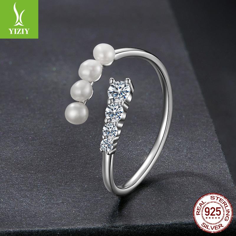 Simple Pearl Mozzarella Diamond Open Ring Ladies Celebrity S925 Sterling Silver Ring Ring