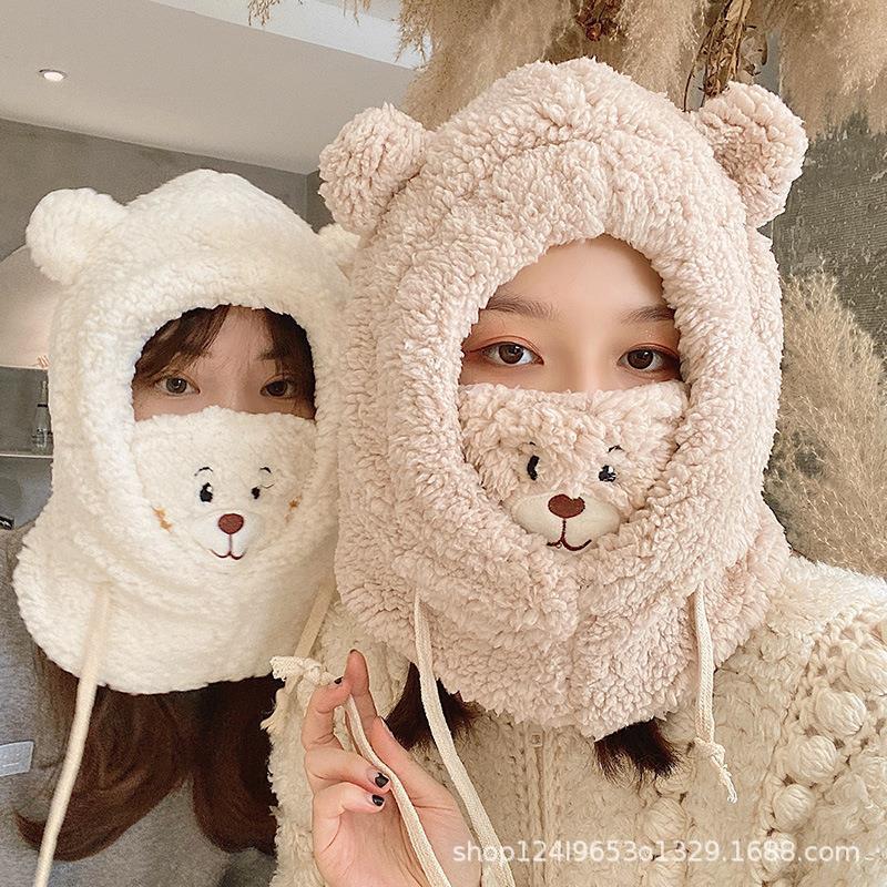 New Autumn and Winter Bear Hat Scarf Hat Cycling Windproof Warm Ear Protection Lamb Wool Mask Scarf Integrated