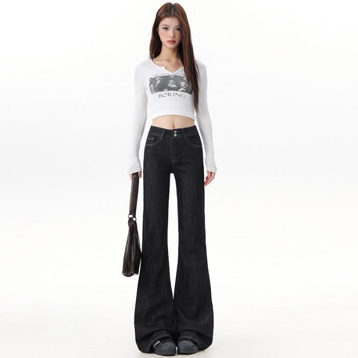 Women's 2025 Denim Blue Flare Jeans, Double Button, Slimming Floor-Length with Unique Back Pockets, Early Autumn Design.