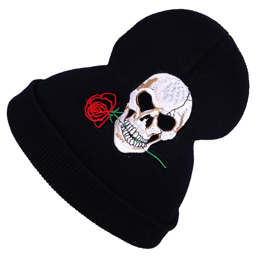 Unisex Embroidered Skull Rose Wool Cap Fashion Knitted Outdoor Warm Hat for Winter Autumn
