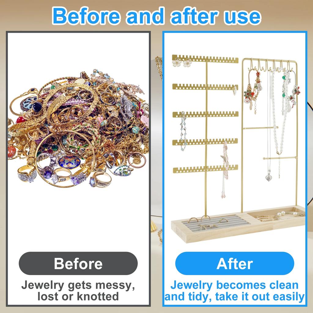 5-Tiers Earring Display Holder Stand Metal Necklace Bracelet Anklet Stud Earring Jewelry Storage Organizer Wooden Base Stand
