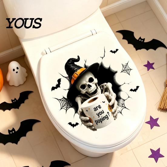 Cute Ghost Bathroom Wall Murals Halloween Toilet Seat Cover Stickers, Scary 3D Crack Skeleton Creative Tank Decorations Lid Decals, Waterproof
