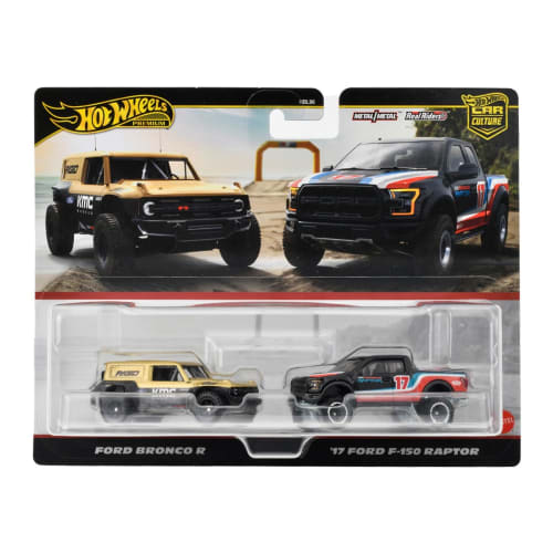 Hot Wheels Premium 2er-Pack Ford Bronco R / '17 Ford F-150 Raptor Fahrzeug, Spielzeug-Miniauto, für Kinder ab 3 Jahren, Multi HRR77