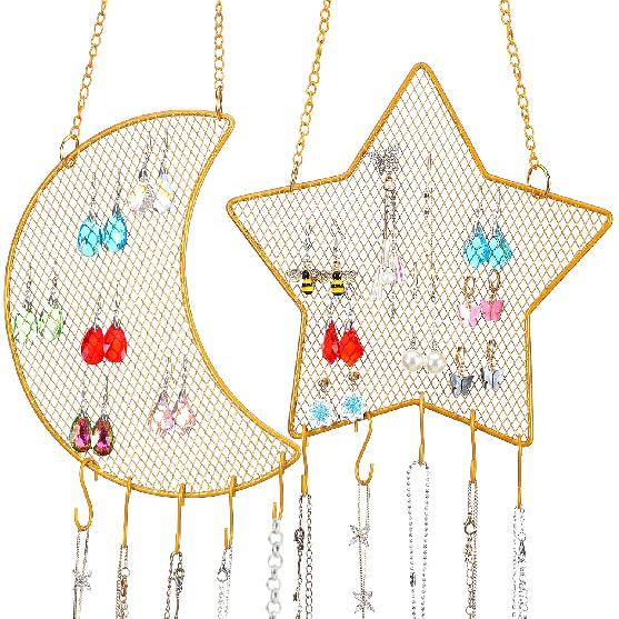 Jetec 2 Pcs Earring Wall Holder Wall Mounted Organizer Hanging Stand Decorative Diamond Grid Shape Jewelry Display Rack with Hanging Hooks for