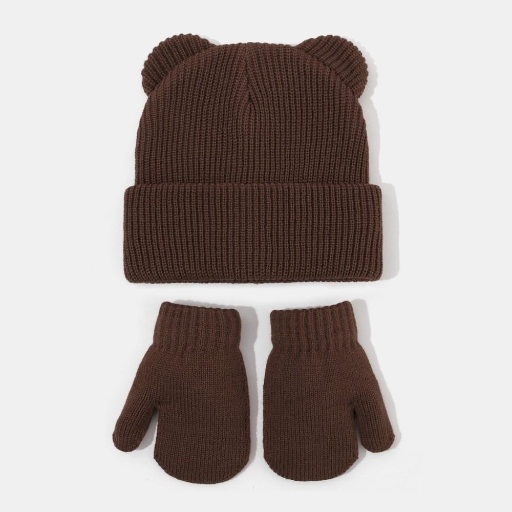 Ear Protection Bear Ear Earflap Hat Warm Knitted Hat Glove Set for Boys Girls Kids