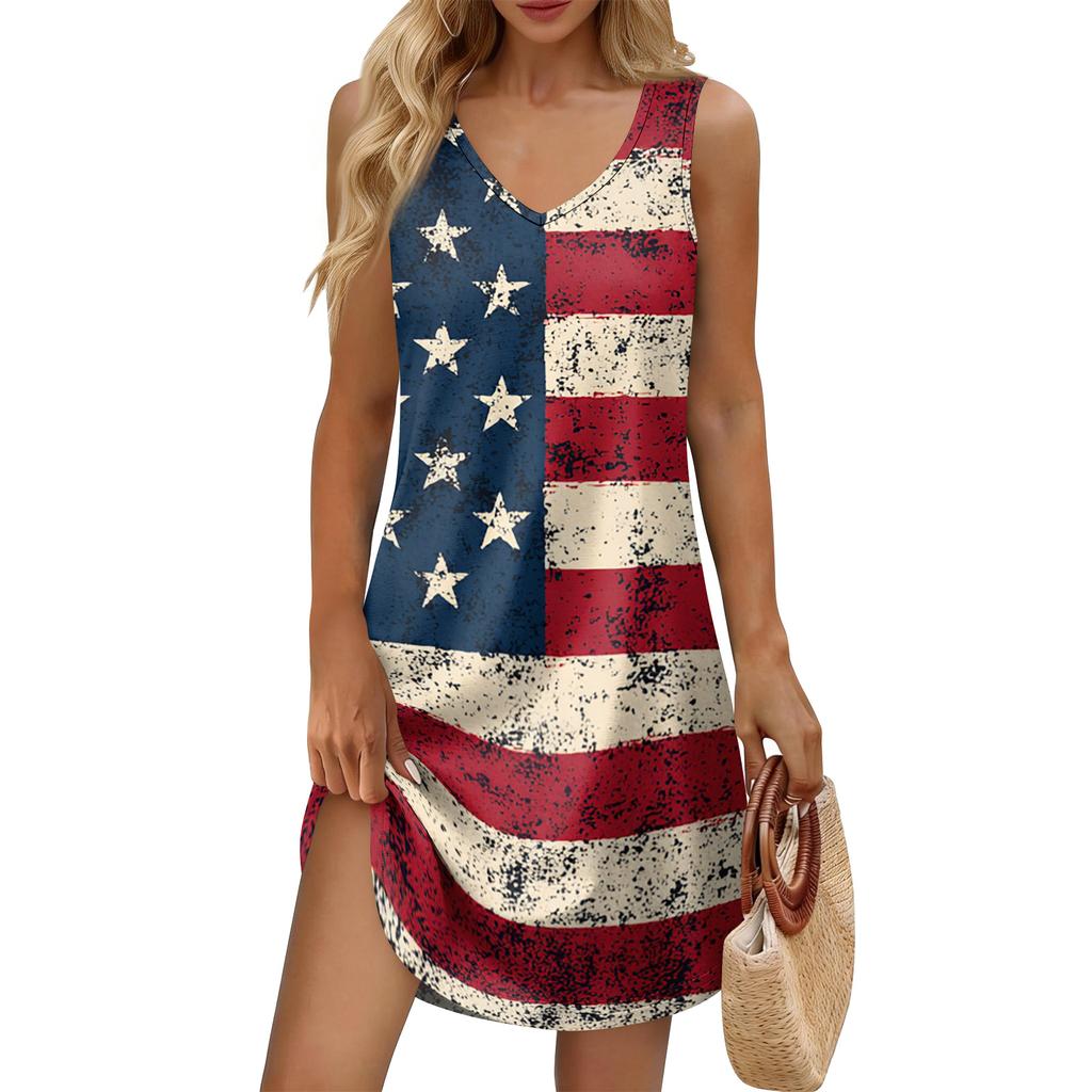 Women's Summer Casual Sun Skirt With Pocket V-Neck Independence Day Printed Loose Vest Dress