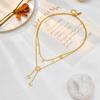 Gold Plated Double Layer Lariat Necklace with Disc and Clear Stone Charms Fashion Jewelry for Women