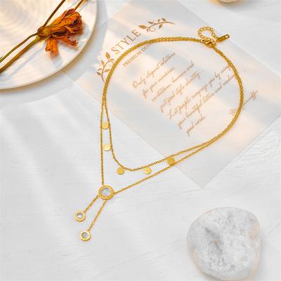 Gold Plated Double Layer Lariat Necklace with Disc and Clear Stone Charms Fashion Jewelry for Women