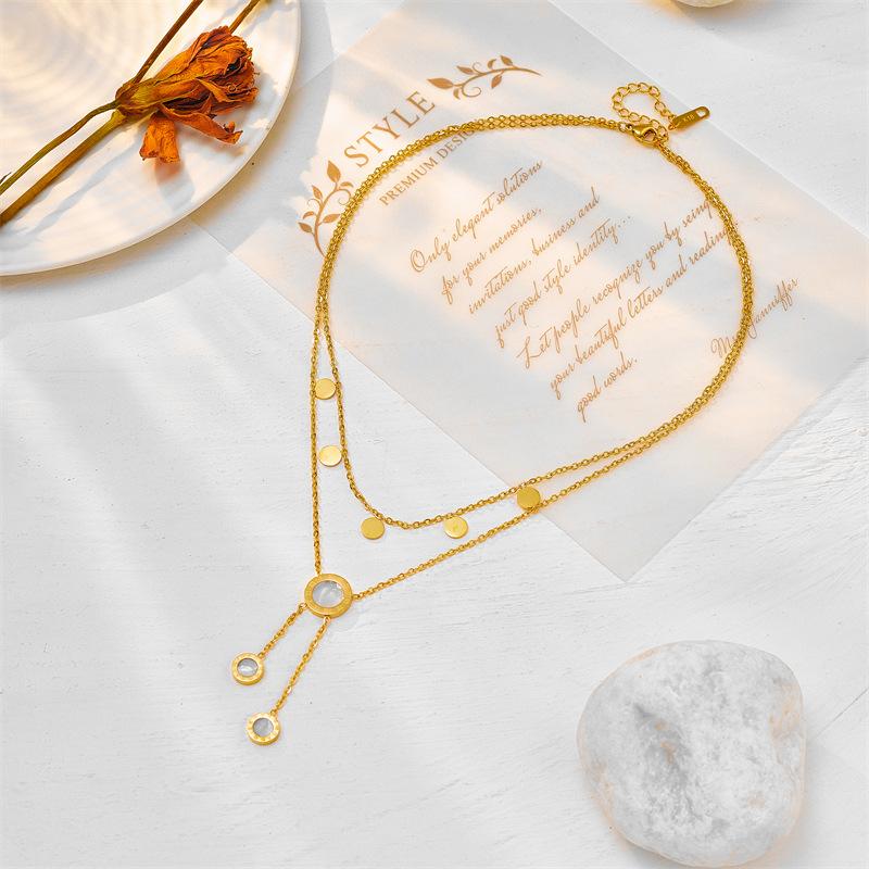 Gold Plated Double Layer Lariat Necklace with Disc and Clear Stone Charms Fashion Jewelry for Women