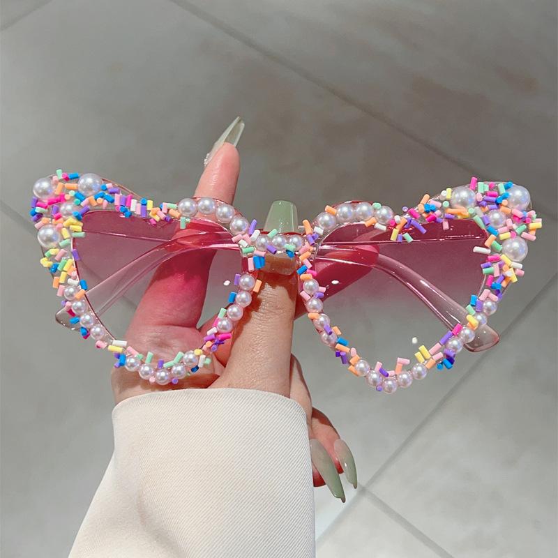 Heart Shape Sunglasses with Pearls and Sprinkles Fashion Cute Multi-color Decor Shades New Trendy Original Sun Glasses