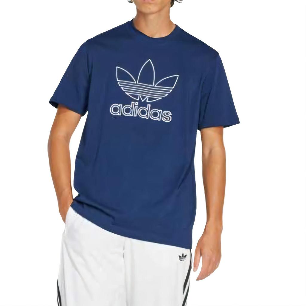 adidas Originals Adicolor Trefoil Tee Outline Comfortable Skin-Friendly Versatile Crew Neck Short Sleeve T-Shirt Men Tops Deep-Blue JP1089