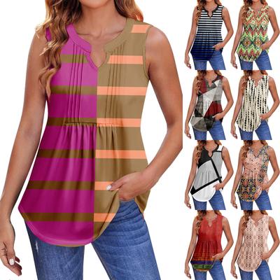 Womens Summer Tank Tops  Pleated V Neck Printing Casual  Top Tank Tops For Women Loose Fit Sleeveless Tunic Shirts
