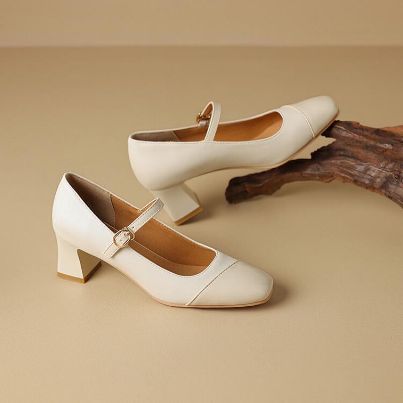 New Women's Low-top Shoes Casual Women's Single Shoes Soft Sole Square Heel High Heels Square Head Lazy Shoes Buckle Rubber Sole