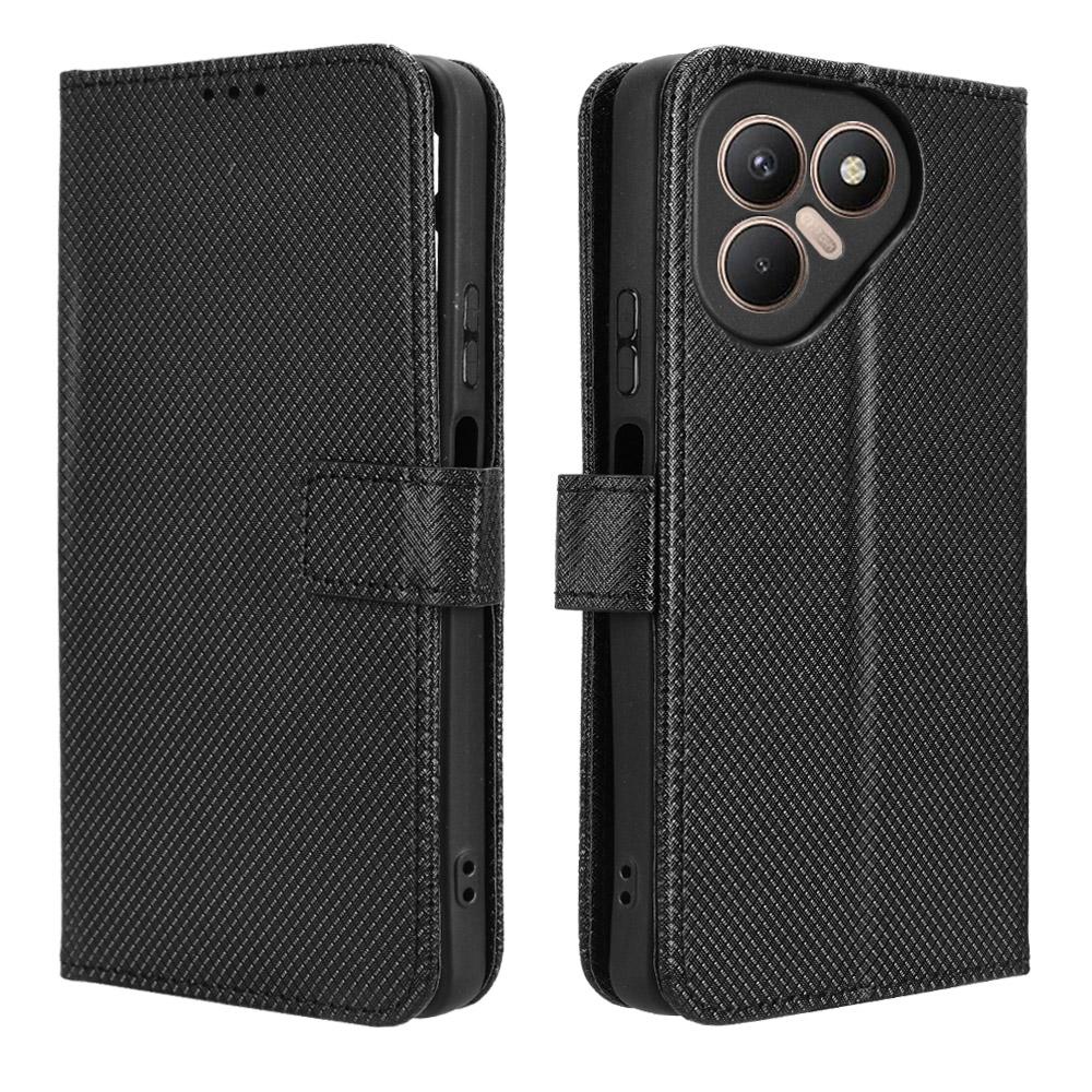 

For TECNO Pova 7 4G/LJ6 Leather Wallet Case with Strap Diamond Texture Phone Cover Black