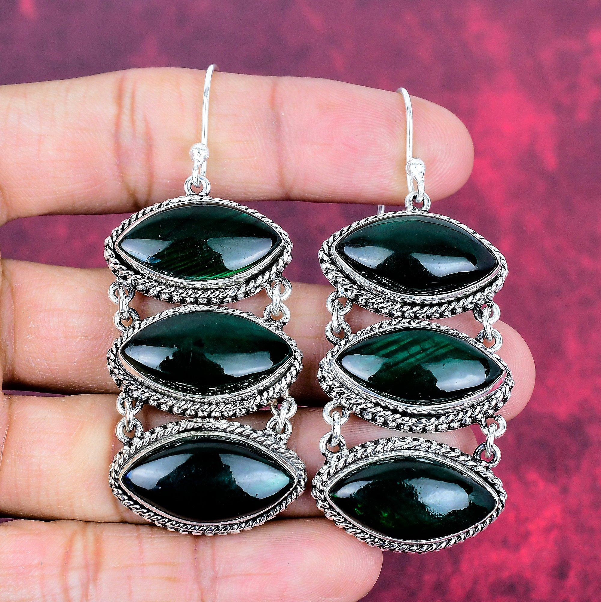 

Серьги из чистого серебра 925 пробы с зеленым лабрадоритом, серьги с драгоценными камнями ручной работы, подарки для жены, абсолютно новые серьги 2.83 Inches зелёный