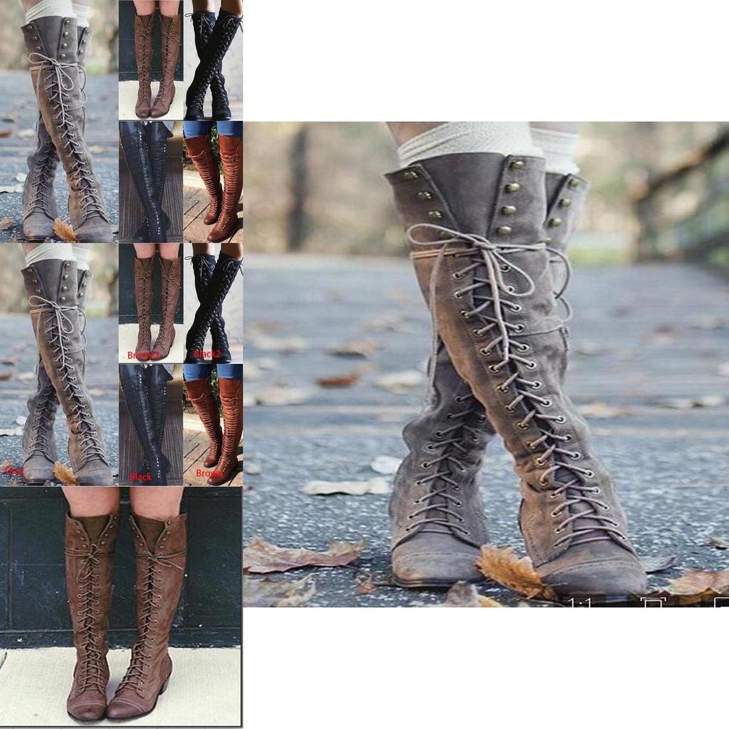 Elegant Womens Over The Knee Lace Up Bandage Thigh High Combat Low Heel Boots Flat Shoes For All-day Comfort