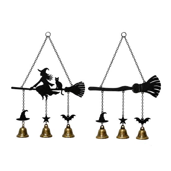 Garden Decor Wind Chime Halloween Witch Broom Chime, Holiday Party Decorative Hanging Bell Metal for Indoor Outdoor Patio Porch Bells