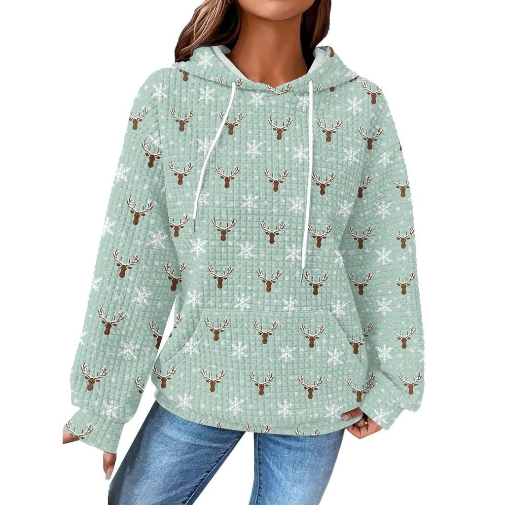 Women's Fashion Loose Hooded Pullover Long Sleeve Plaid Sweatshirt With Drawstring, Drop Shoulder, Pocket, Christmas Print Top
