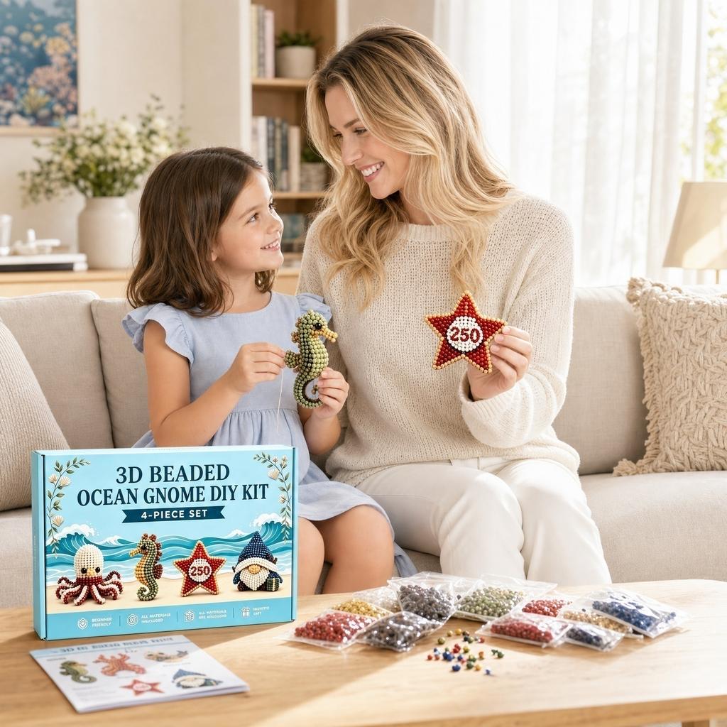 3D Beaded Ocean Gnome DIY Kit 4 Piece Set Includes Octopus Seahorse Starfish and Gnome Figures for Crafting and Decoration
