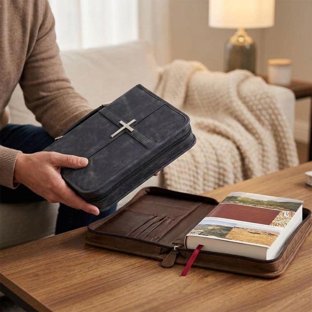 Funda de Biblia de Cuero Vegano con Temática de Cruz y Bolsillo para Teléfono Estuche para Llevar la Biblia Viaje