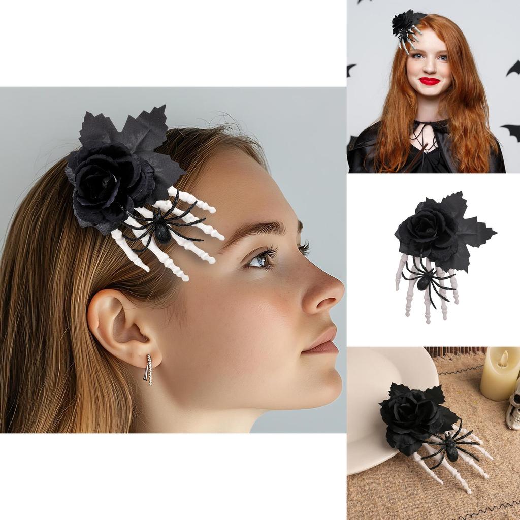 Halloween Black Rose Skull Claw Hair Clip With Spooky Spider For Costume Accessories
