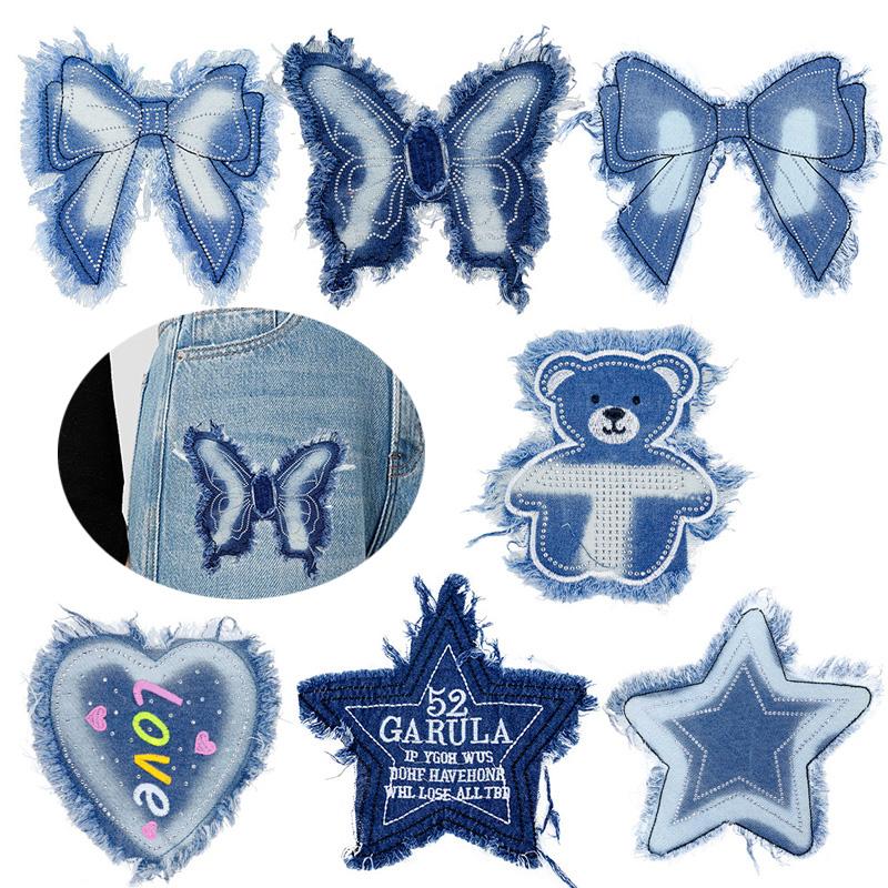 1PC Costurar para Roupas Patches de Jeans Patch de Bordado Grande Sapatos Esportivos Forma de Urso DIY Estrela de Cinco Pontas Gravata Borboleta