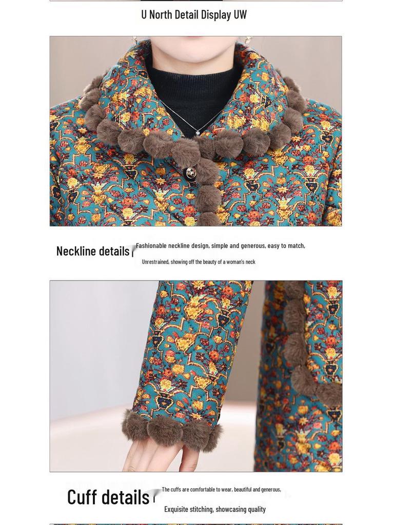 Velvet-Enhanced Floral Cotton Quilted Jacket for Middle-Aged & Elderly - Warm Mid-Length Coat for Autumn/Winter.