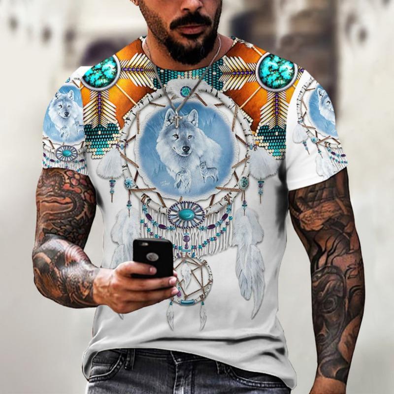 Men's Shirt Casual Harajuku T-shirt Animal Summer Retro Indian Print Men's Street Crew Neck Short Sleeve Design Large