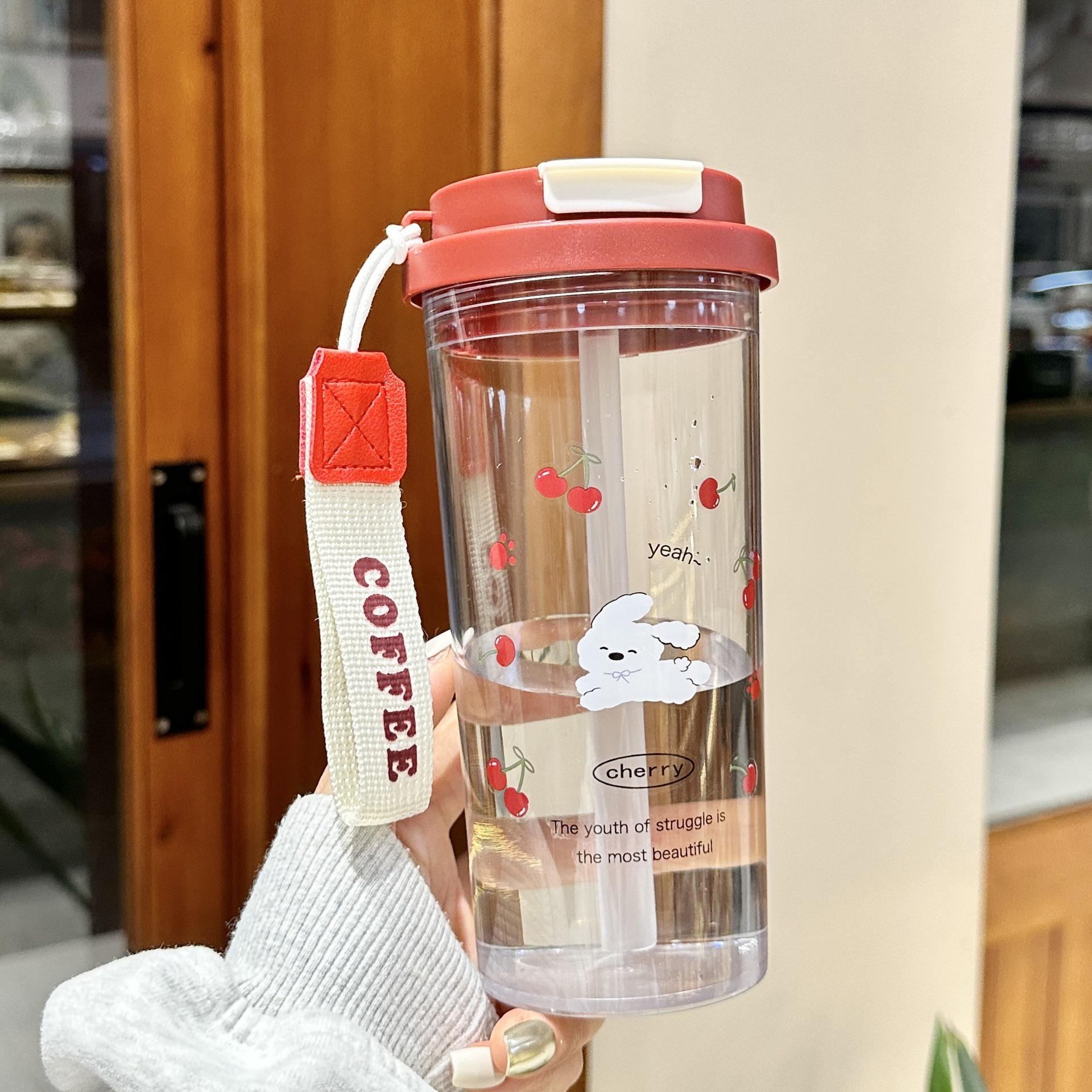 

Двойной стакан для питья Cherry Puppy, стакан с трубочкой для девочек, студенческий милый стакан для кофе «Ландыш», пластиковый стакан 580ML