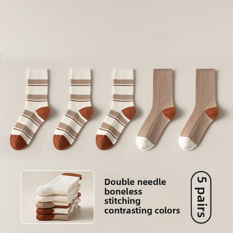 5 Pairs of Female Autumn and Winter Sweat Absorbing Deodorizing Fashion Color Collision Boneless Soft Tube Socks