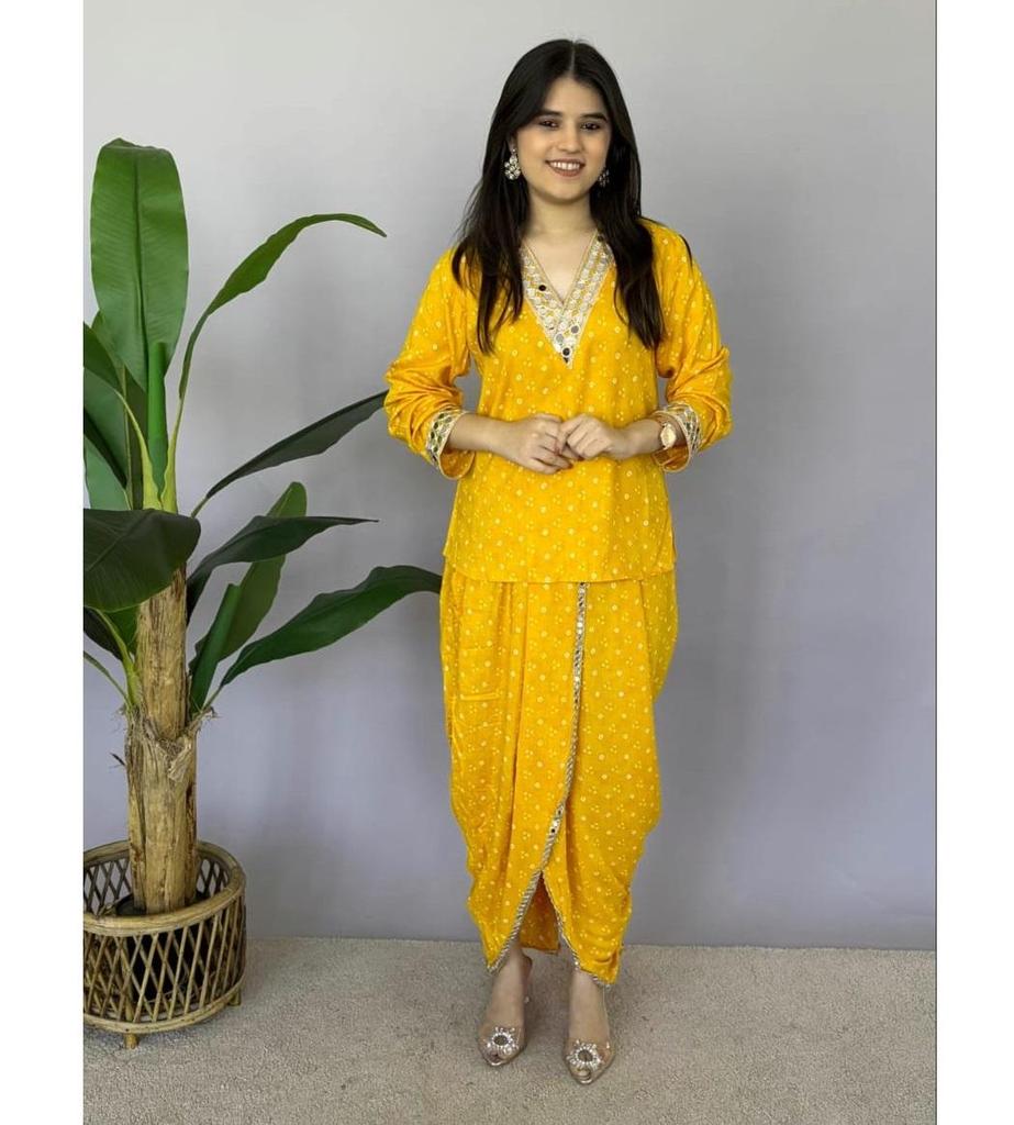 Women Designer Bandhani Print Cord Set Indian Bollywood Dhoti Kurta Top Tunic Dress