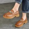 Metal Buckle Loafers Genuine Leather Pumps British Versatile Round Toe Low Heel Women's Shoes